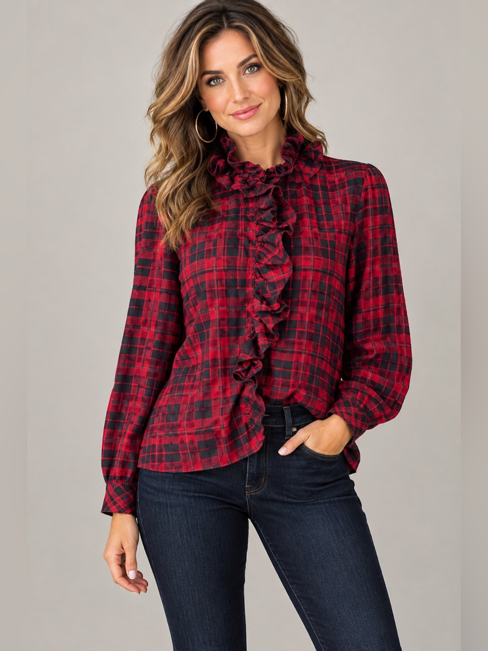 Lauren Ralph Lauren Plaid Ruffle-Front Blouse